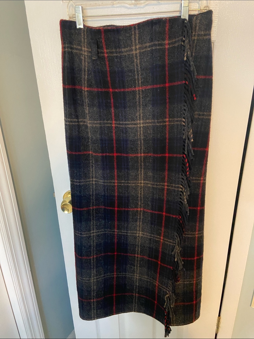 Eddie Bauer 85% Wool Black Plaid Fringe Maxi Skirt with Red Windowpane